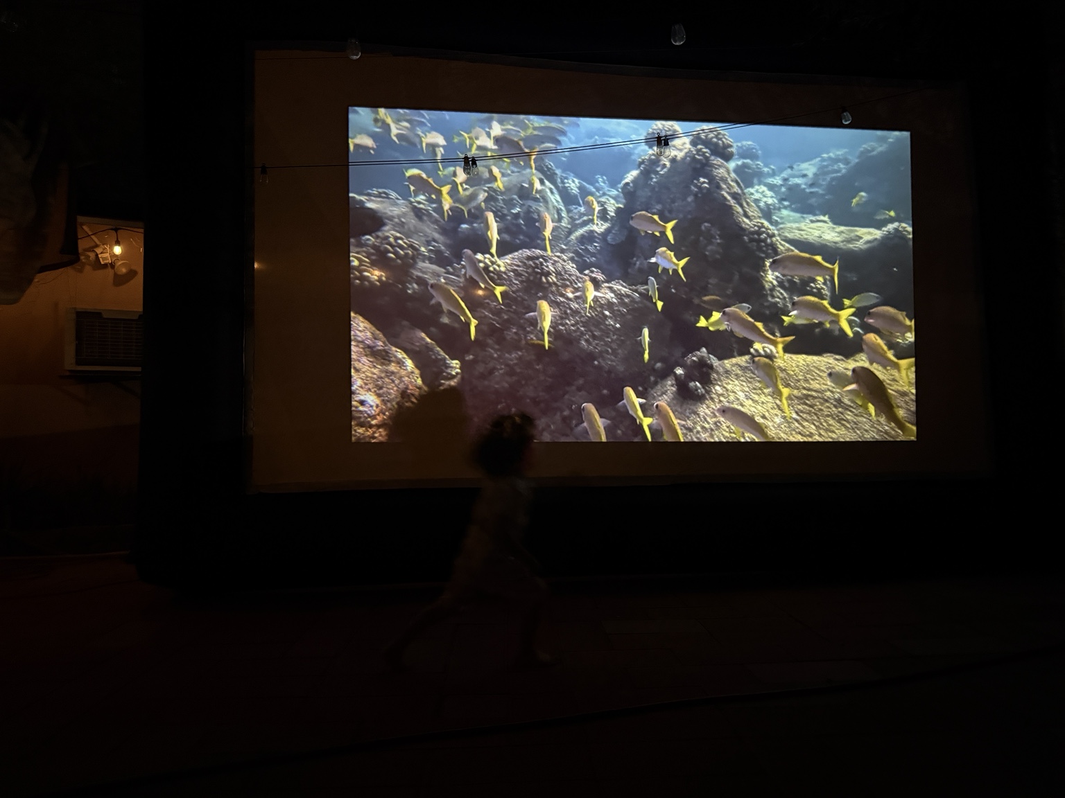 Large outdoor cinema screen glowing at night