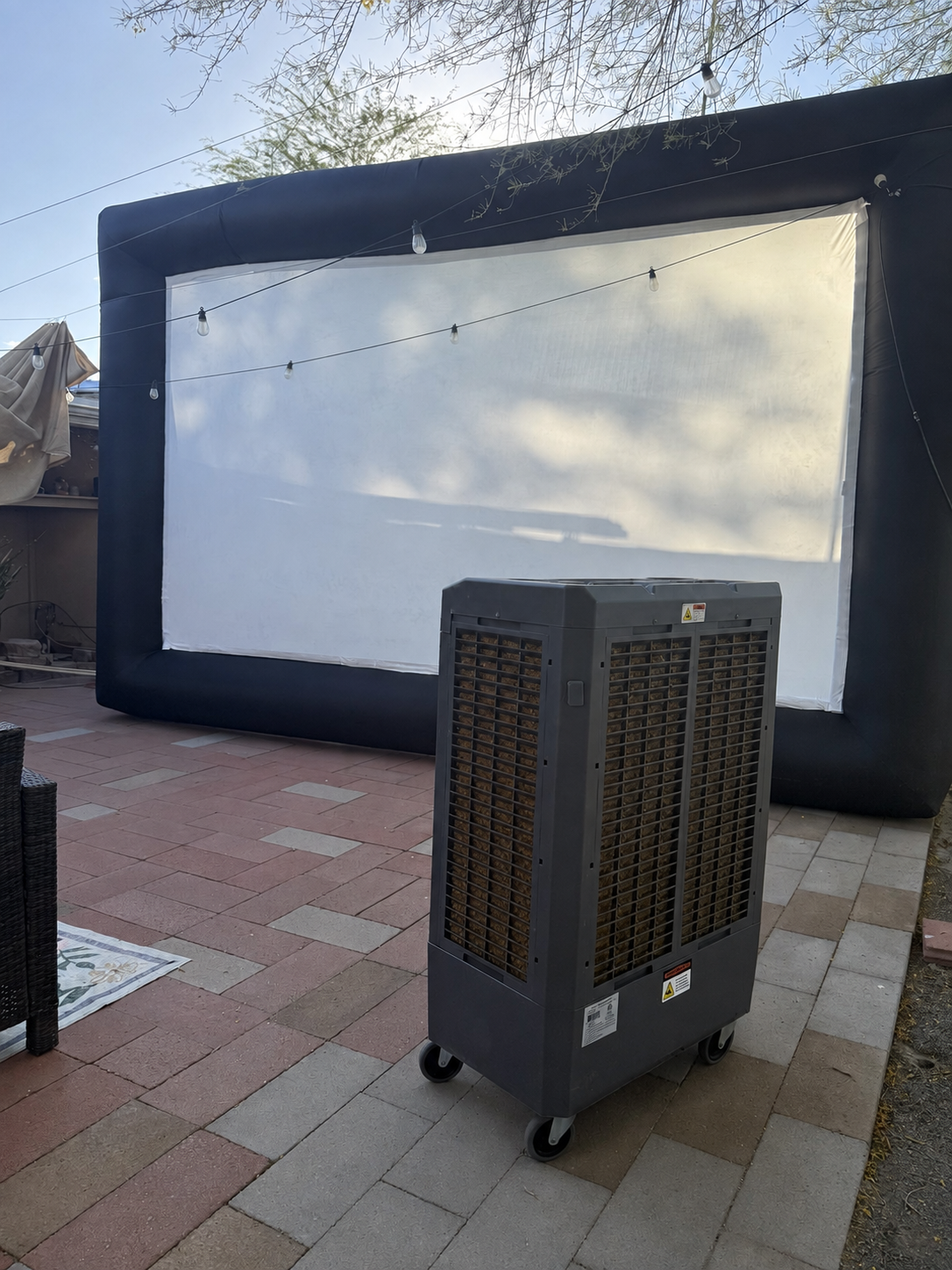 Cinema screen and cooling equipment prepared for an event
